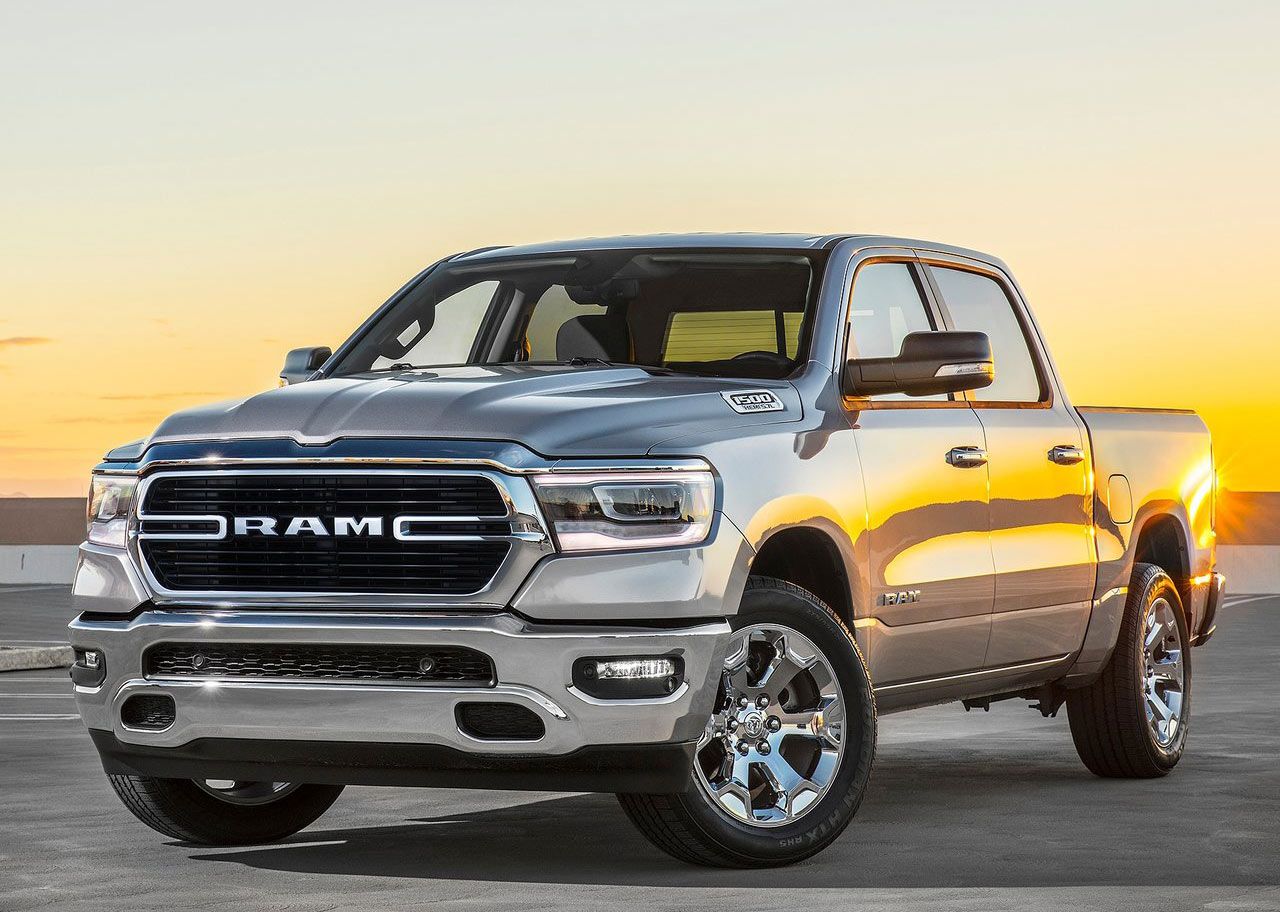 Silver Ram 1500 pickup truck, front three-quarter view