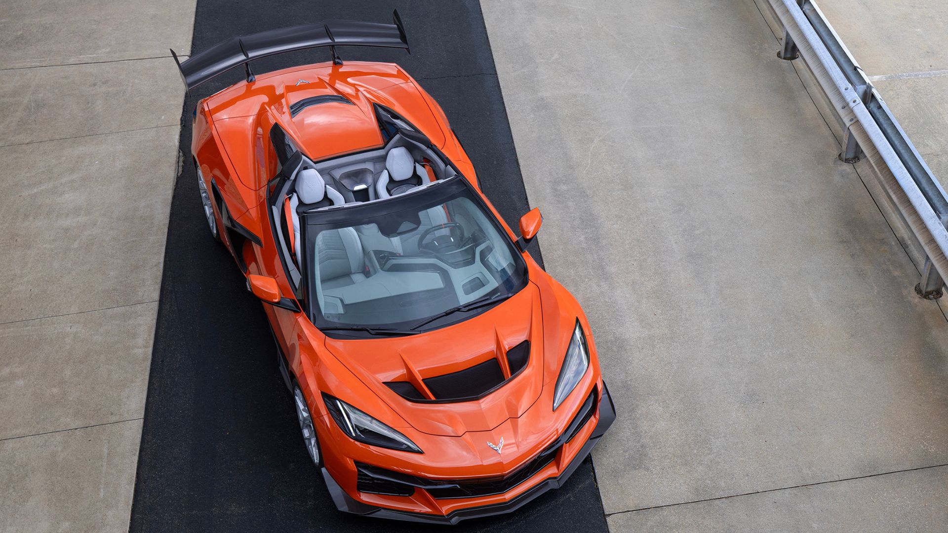 Orange Chevrolet Corvette ZR1X convertible seen from above with its roof panel removed
