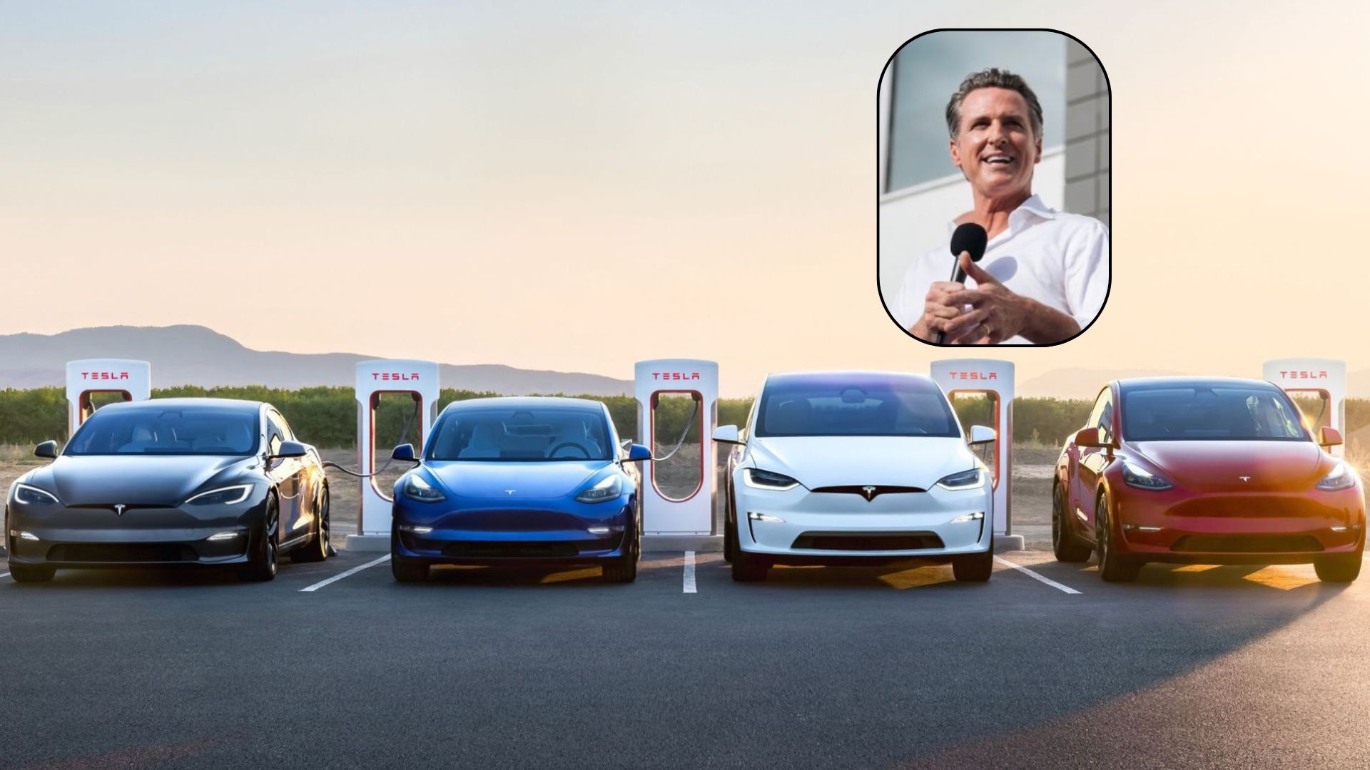 Image via Tesla, Gavin Newsom/X