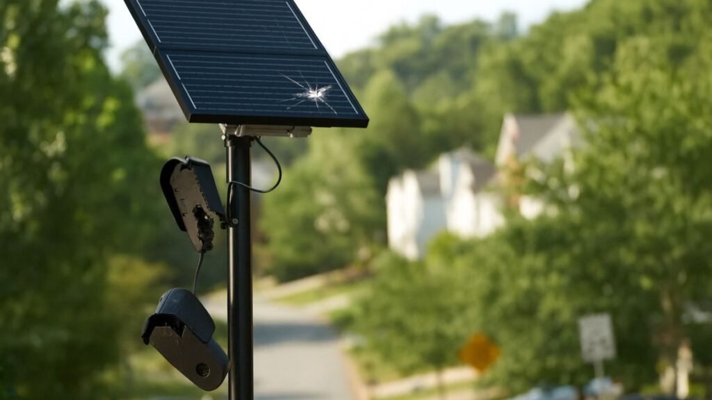 A solar-powered Flock camera unit mounted on a roadside pole, the type of automated license plate reader at the center of the DeKalb County misuse case