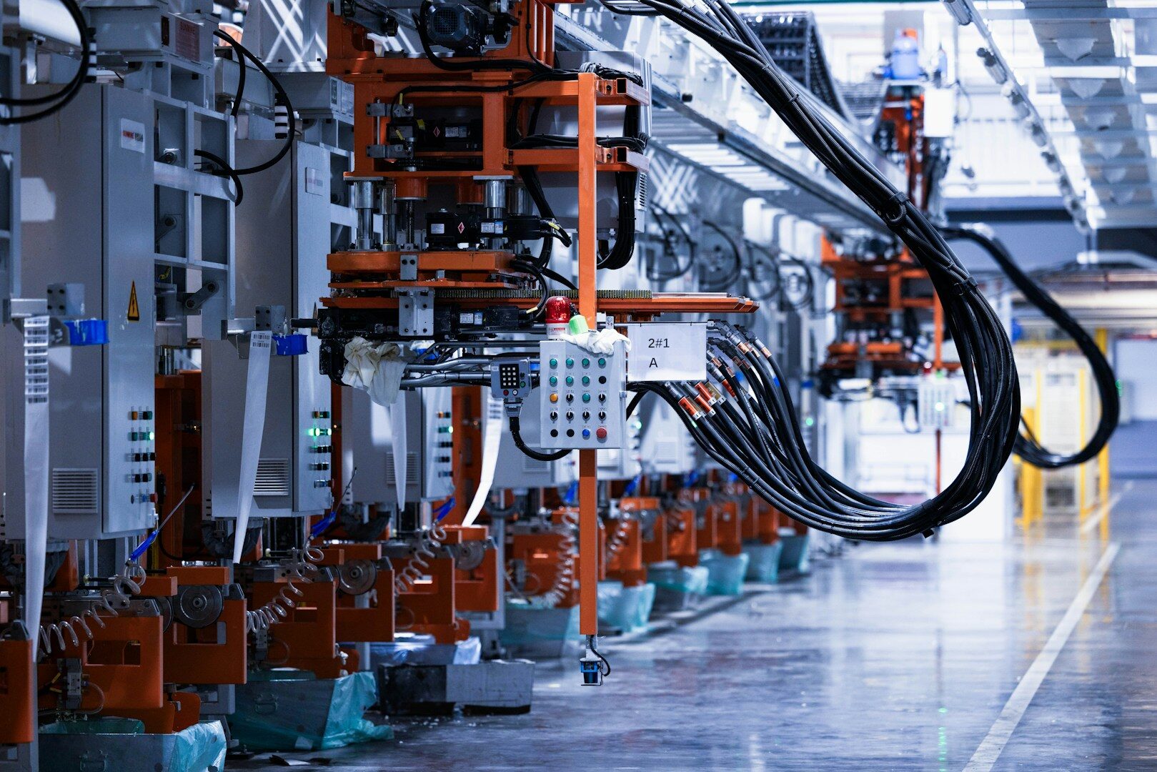 a line of electrical equipment in a factory