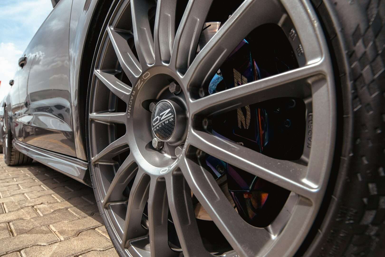 Close-up shot of a car's custom wheel.