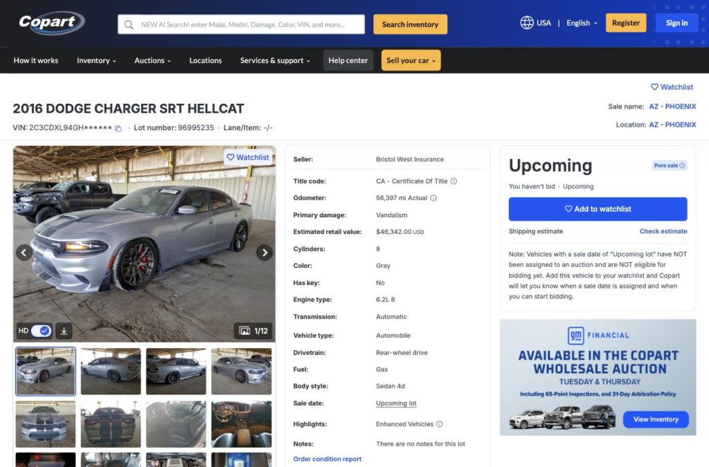 2016 Dodge Charger SRT Hellcat with vandalism damage listed on Copart
