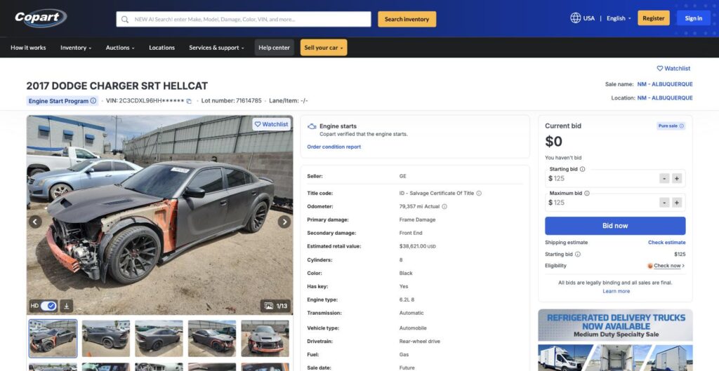 2017 Dodge Charger SRT Hellcat with frame damage listed on Copart