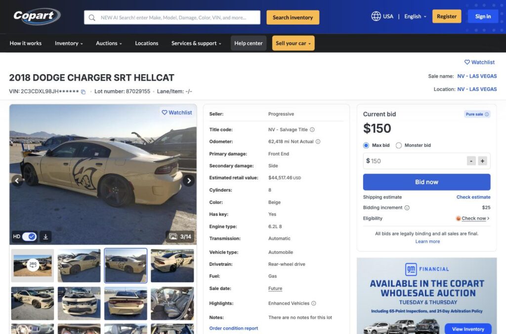 2018 Dodge Charger SRT Hellcat with front-end damage listed on Copart
