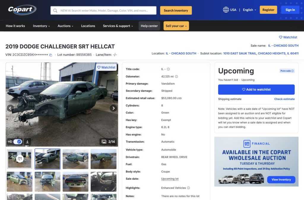 2019 Dodge Challenger SRT Hellcat with vandalism damage listed on Copart