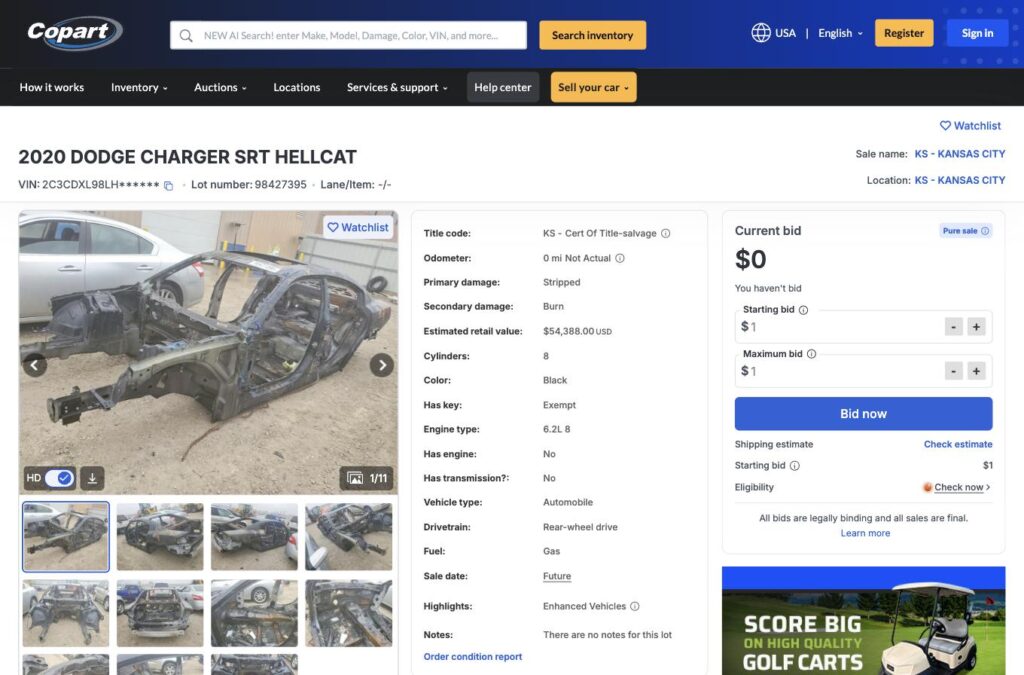 2020 Dodge Charger SRT Hellcat stripped and burned shell listed on Copart