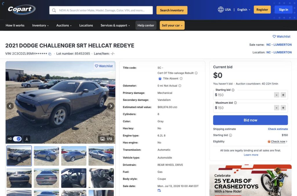 2021 Dodge Challenger SRT Hellcat Redeye with mechanical damage listed on Copart
