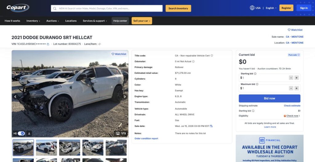 2021 Dodge Durango SRT Hellcat with rollover damage listed on Copart, non-repairable title