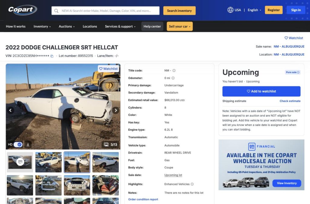 2022 Dodge Challenger SRT Hellcat with undercarriage damage listed on Copart