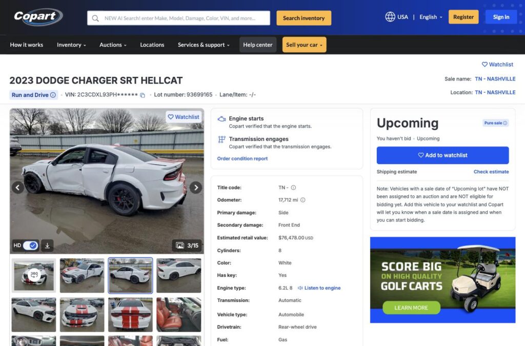2023 Dodge Charger SRT Hellcat with side and front-end damage listed on Copart