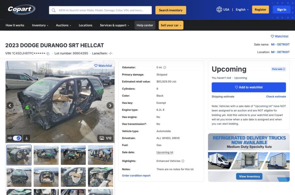 2023 Dodge Durango SRT Hellcat stripped shell listed on Copart