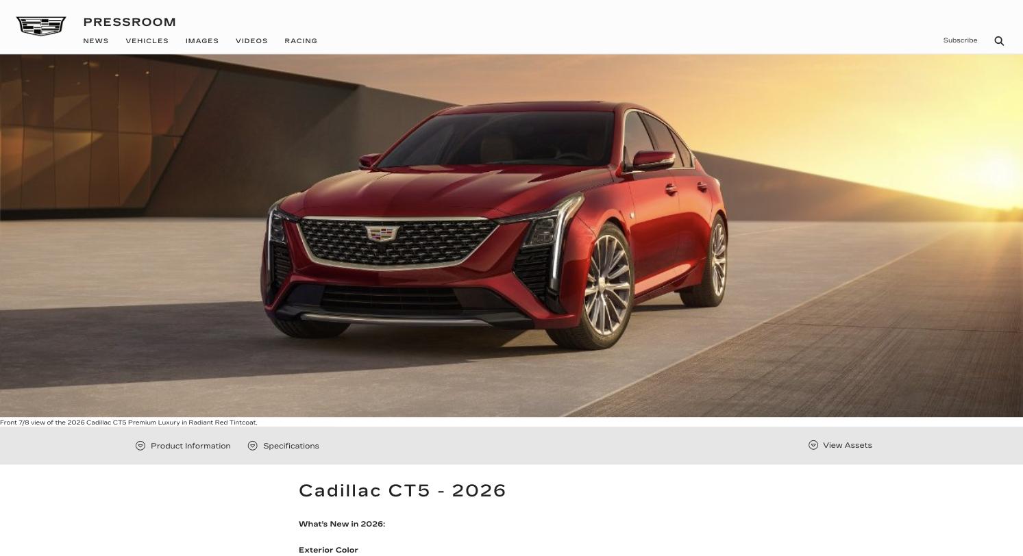 2026 Cadillac CT5 Premium Luxury in Radiant Red Tintcoat, front three-quarter view