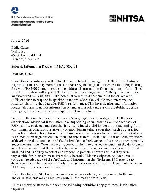 NHTSA letter to Tesla upgrading its Full Self-Driving investigation to an Engineering Analysis, dated July 2, 2026