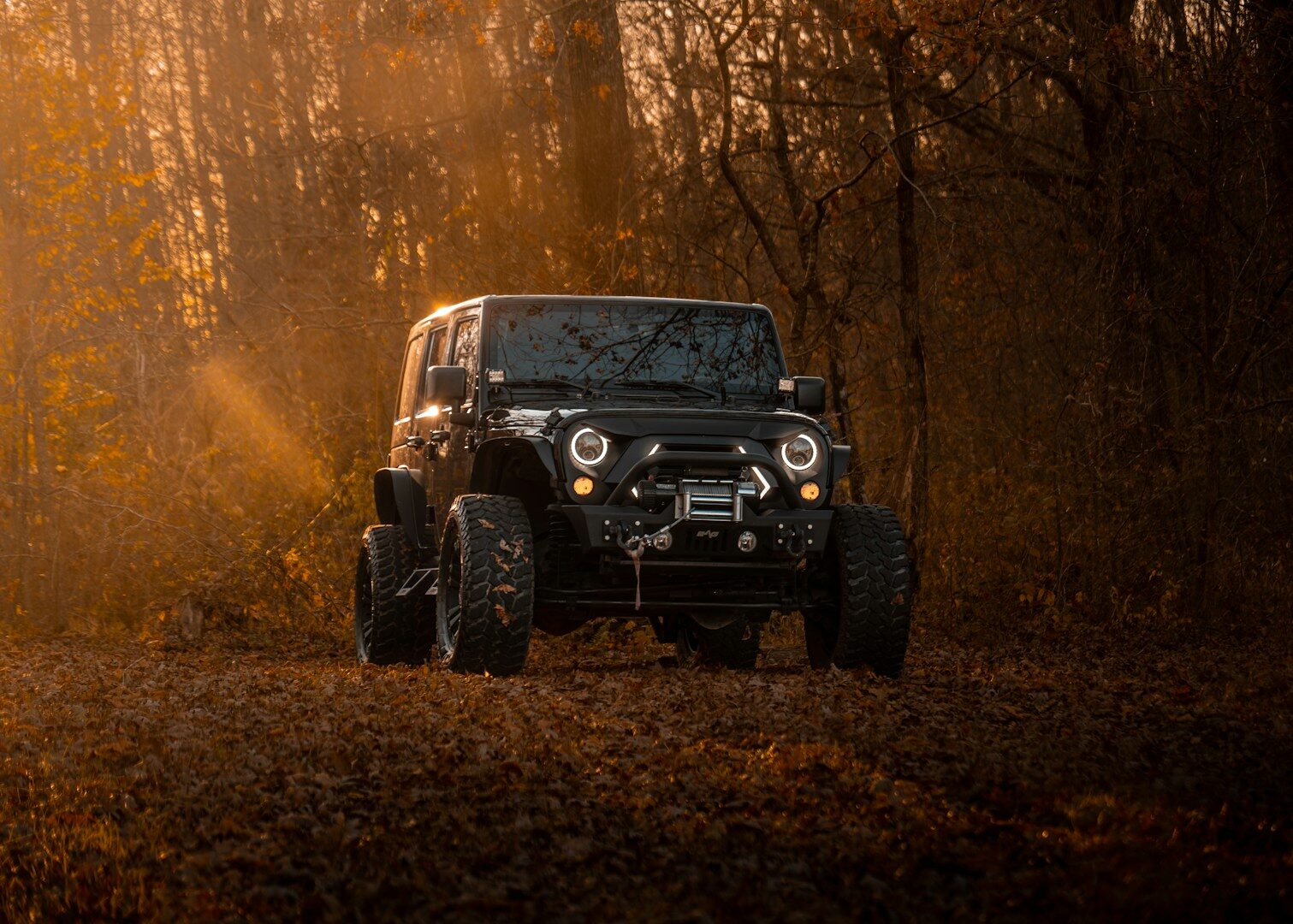 A black jeep wrangler drives on a dirt road