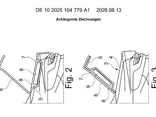 Official drawings from BMW's DPMA patent application DE 10 2025 104 779.0 showing the double-opening trunk lid with a built-in EV charging cable compartment