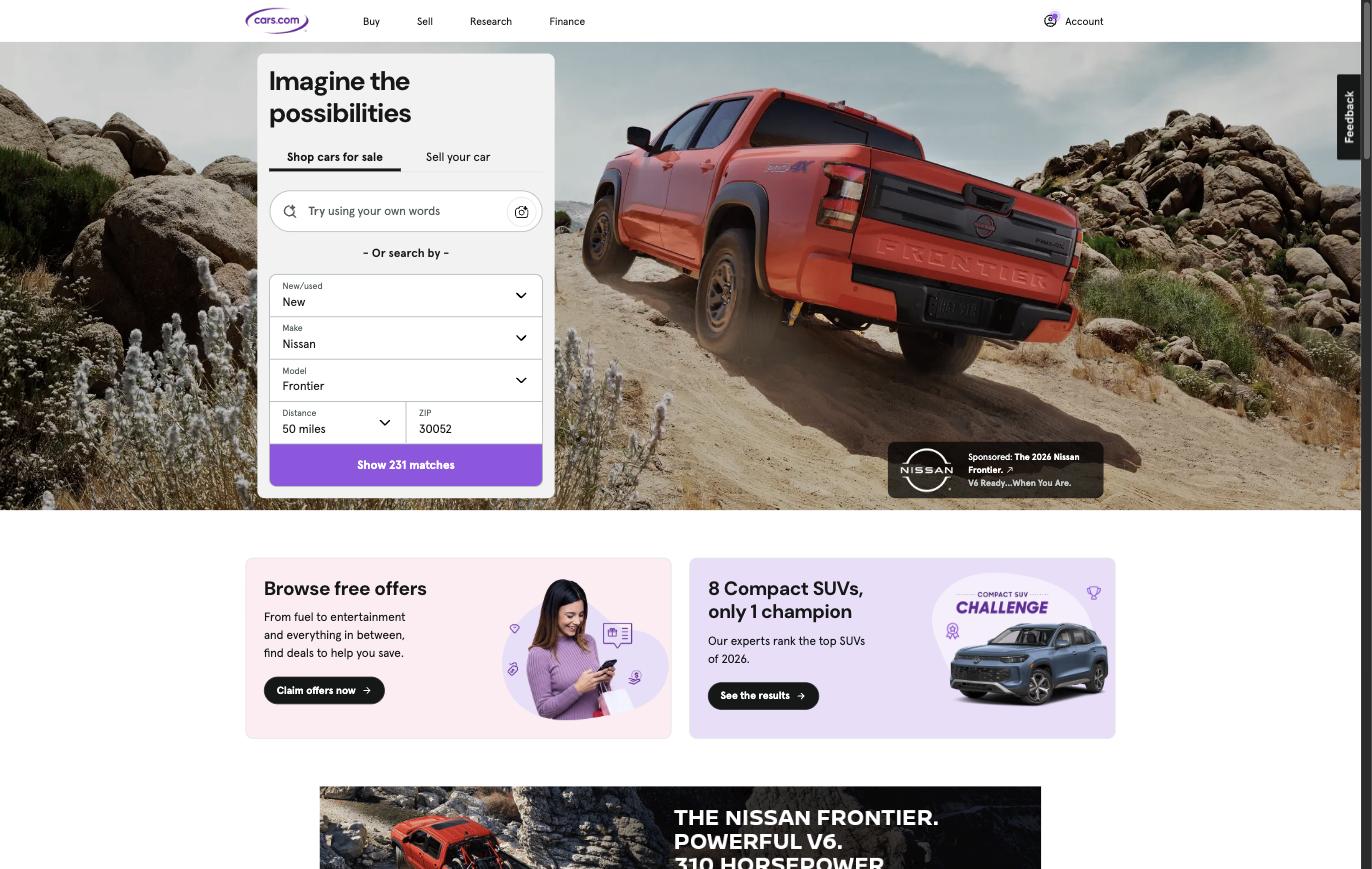 Screenshot of the Cars.com marketplace homepage