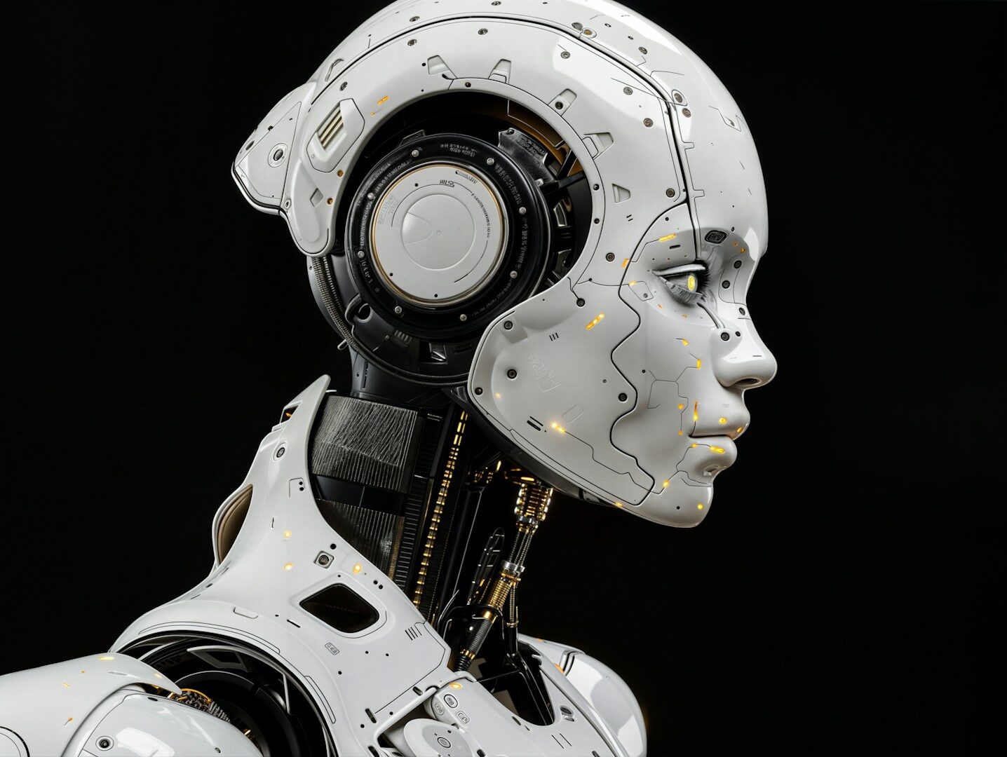 A white robot is standing in front of a black background