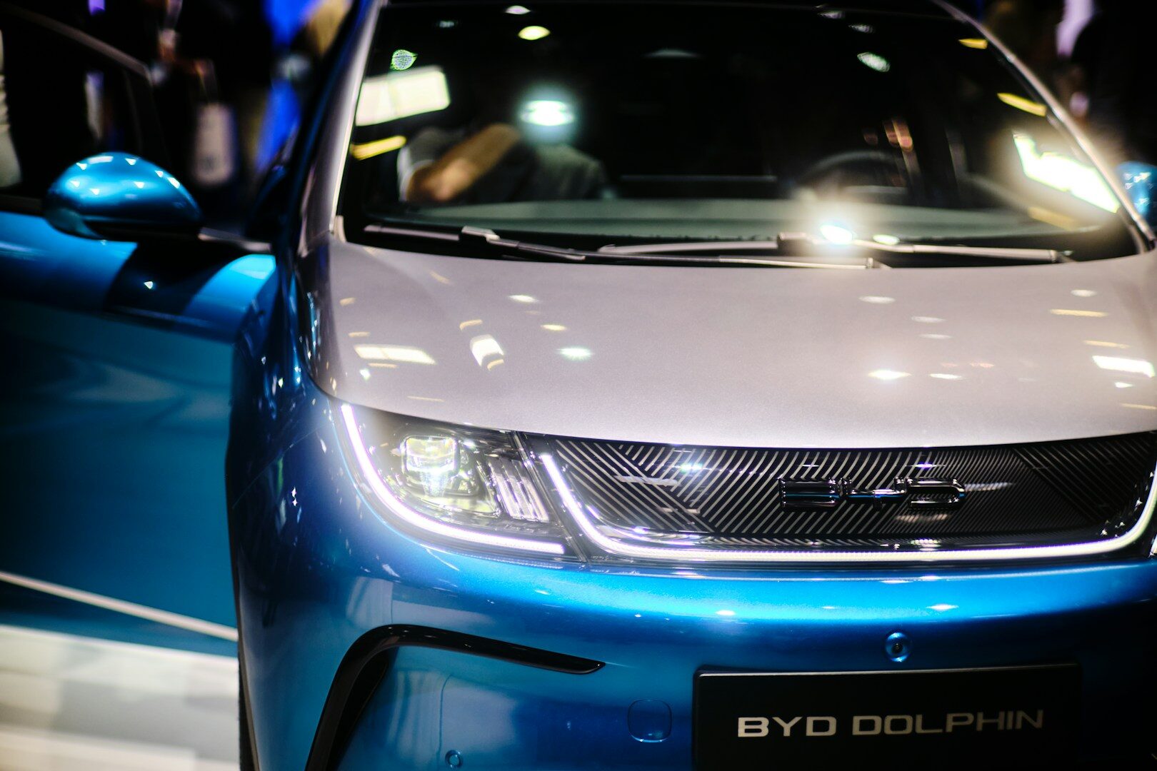 Close-up of a BYD electric vehicle's front fascia and badge