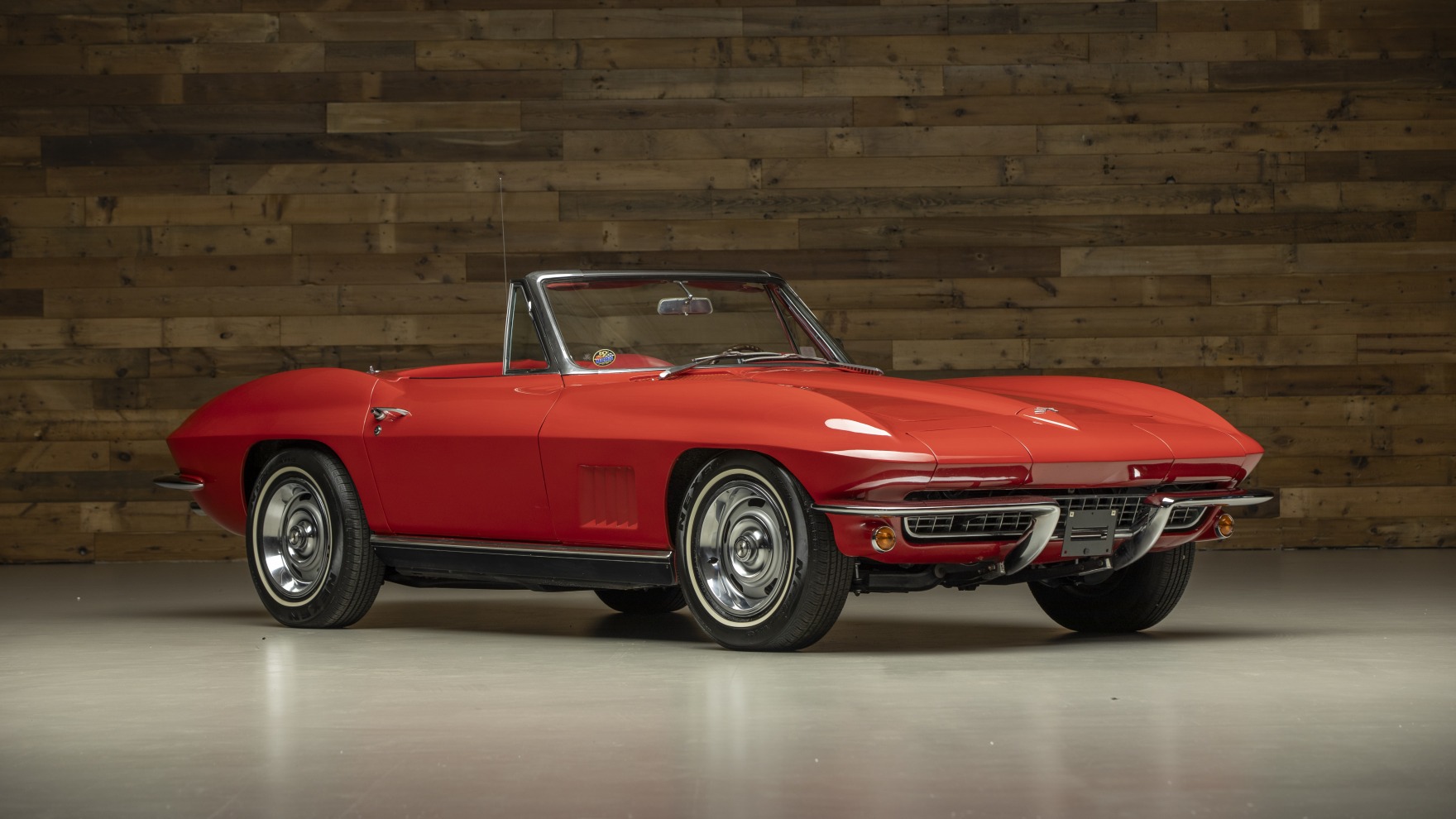 Front three-quarter view of the Rally Red 1967 Corvette Convertible sweepstakes prize