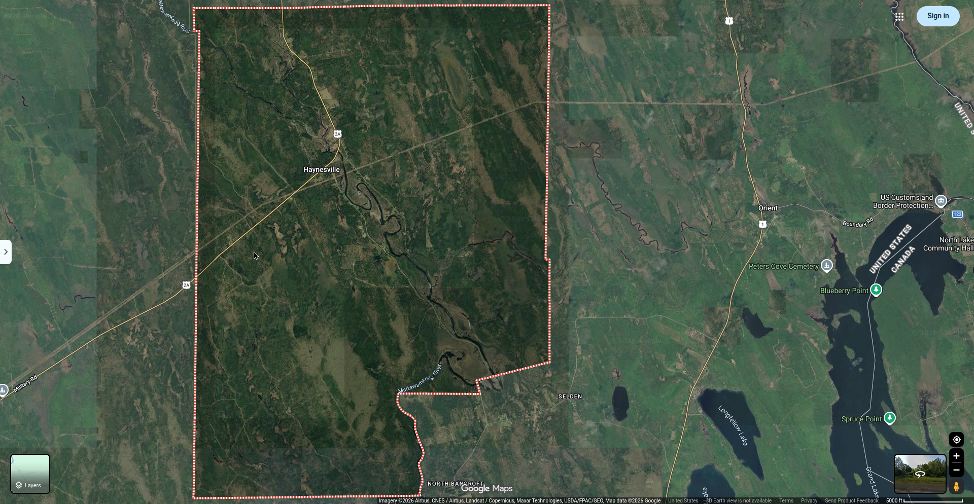 Satellite view of Route 2A, Haynesville, Maine