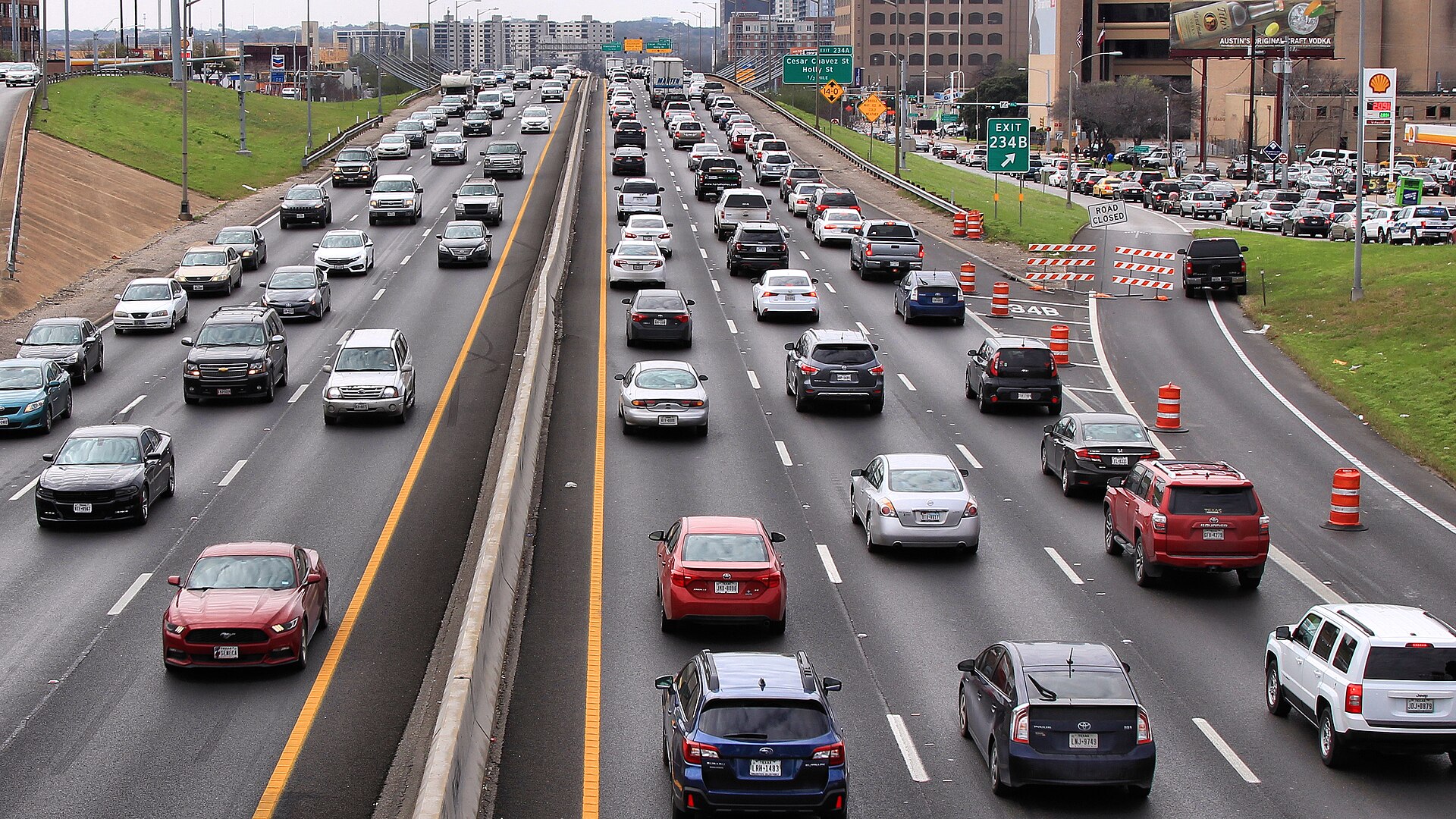 Heavy traffic including trucks on an urban interstate highway