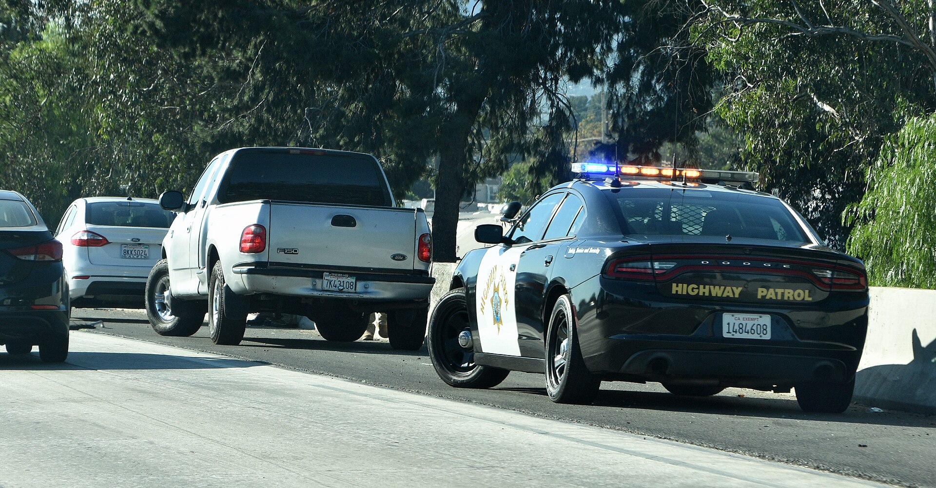A California police traffic stop on a divided highway