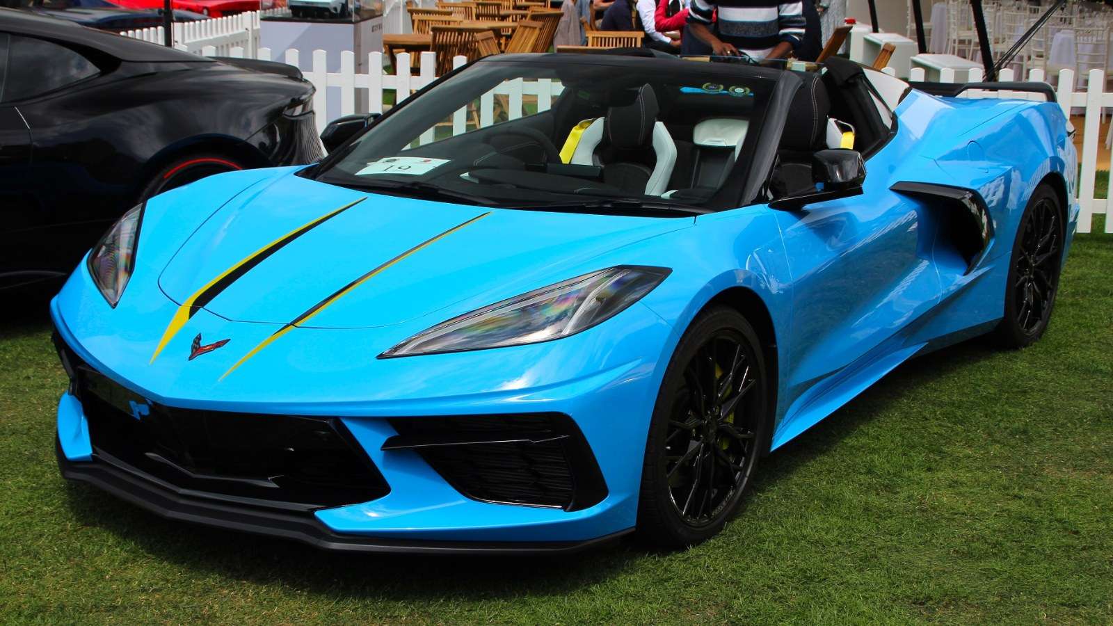 Light blue 2023 Chevrolet Corvette C8 Stingray convertible parked on grass