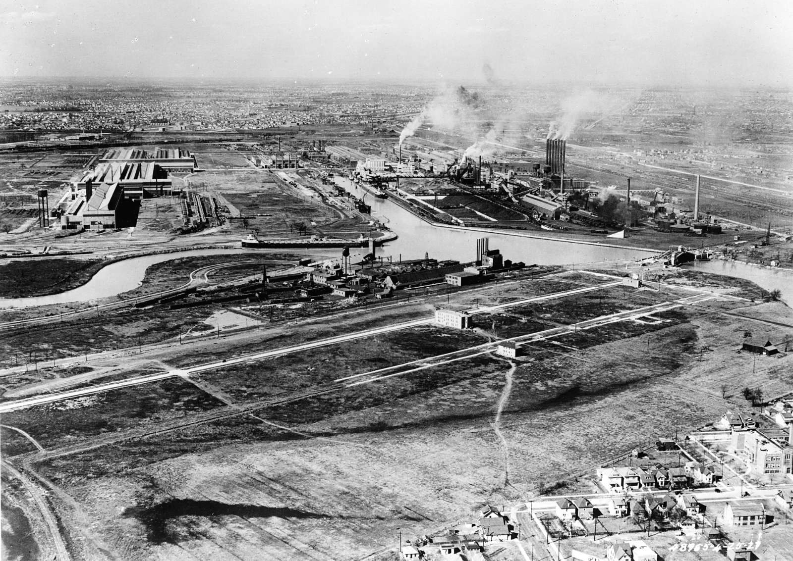 Aerial view of the Ford River Rouge plant in Dearborn, Michigan, circa 1927, the year after Ford adopted the five-day workweek