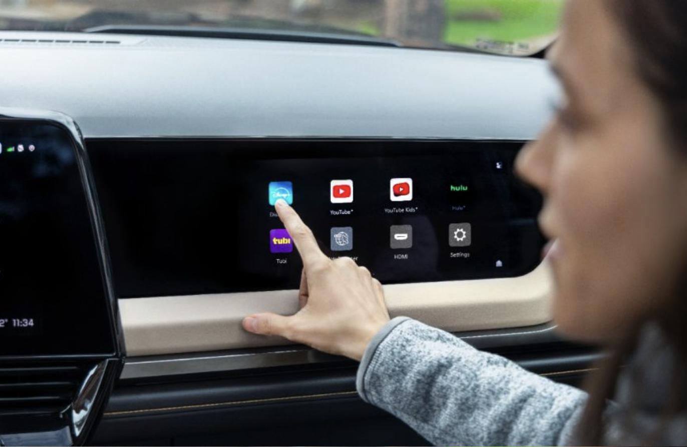 Front passenger display in the 2027 Chevrolet Silverado showing streaming apps under the GM new user interface