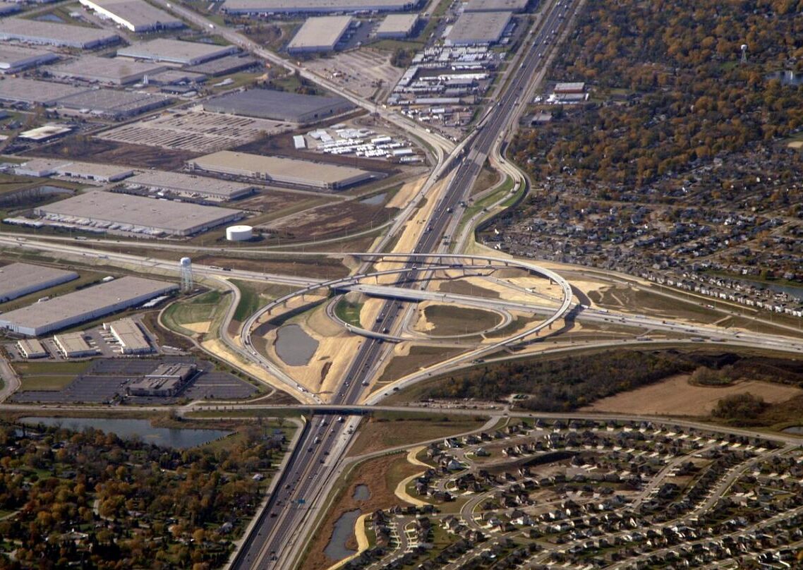 Aerial view of a U.S. interstate highway interchange