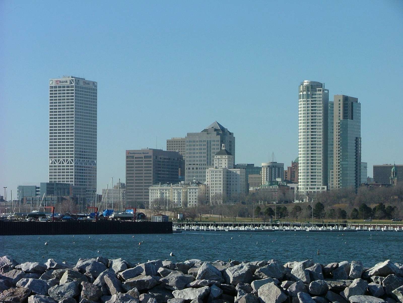 Milwaukee skyline seen from McKinley Marina on the Lake Michigan shoreline