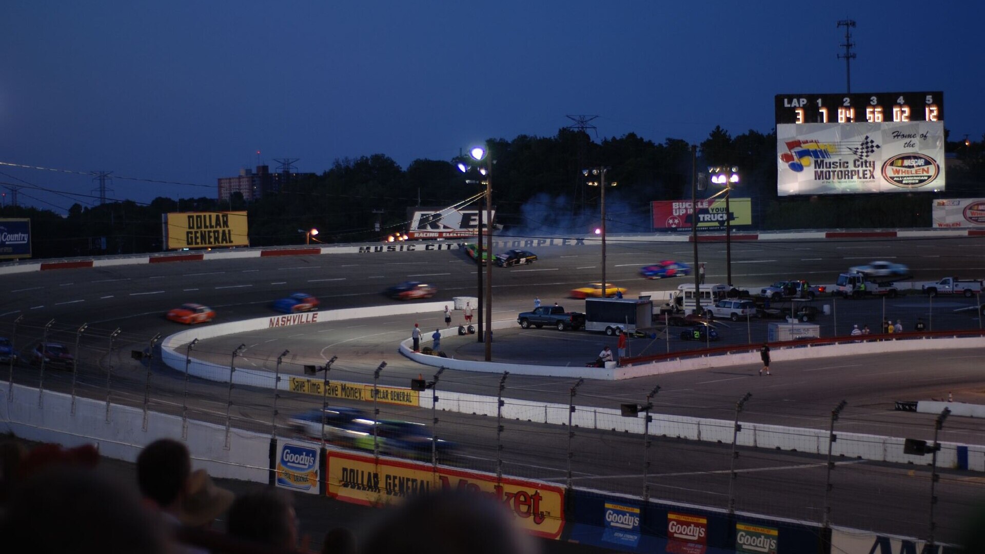 Stock cars racing at Nashville Fairgrounds Speedway, then known as Music City Motorplex