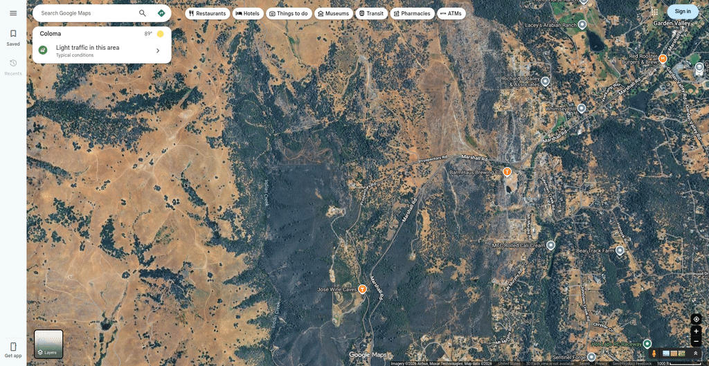 Satellite view of Coloma, California, near Prospector's Road