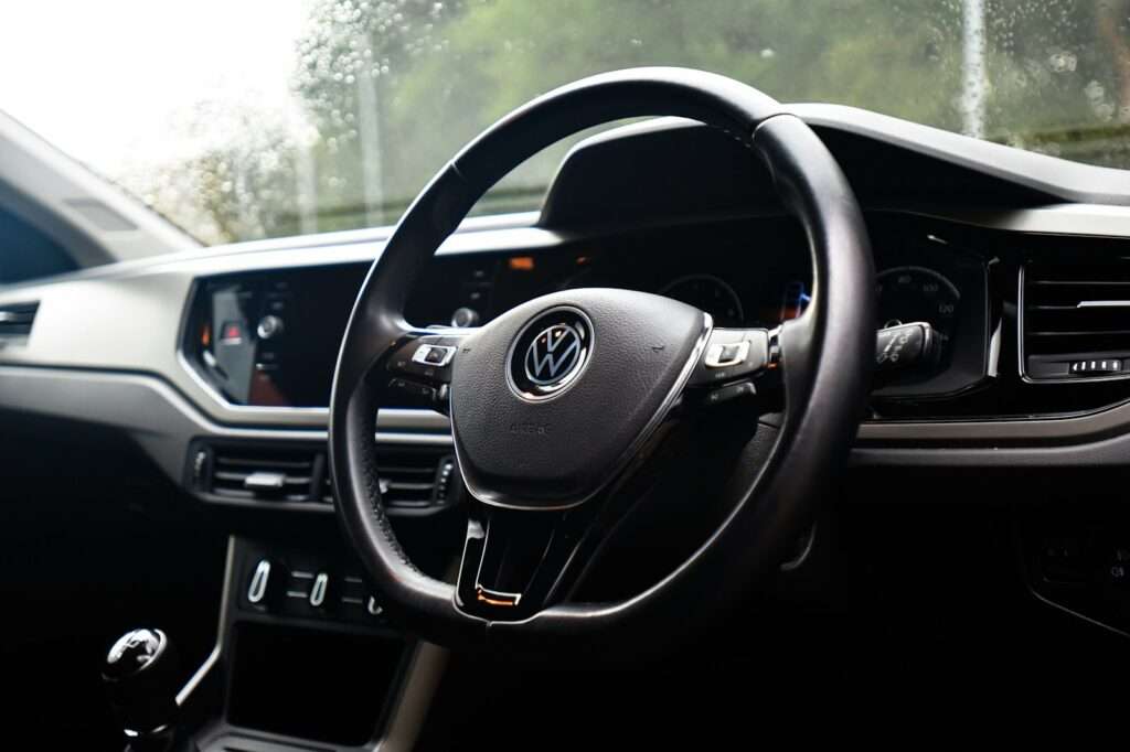 Right-hand-drive car interior with the steering wheel on the right side, as sold in the UK
