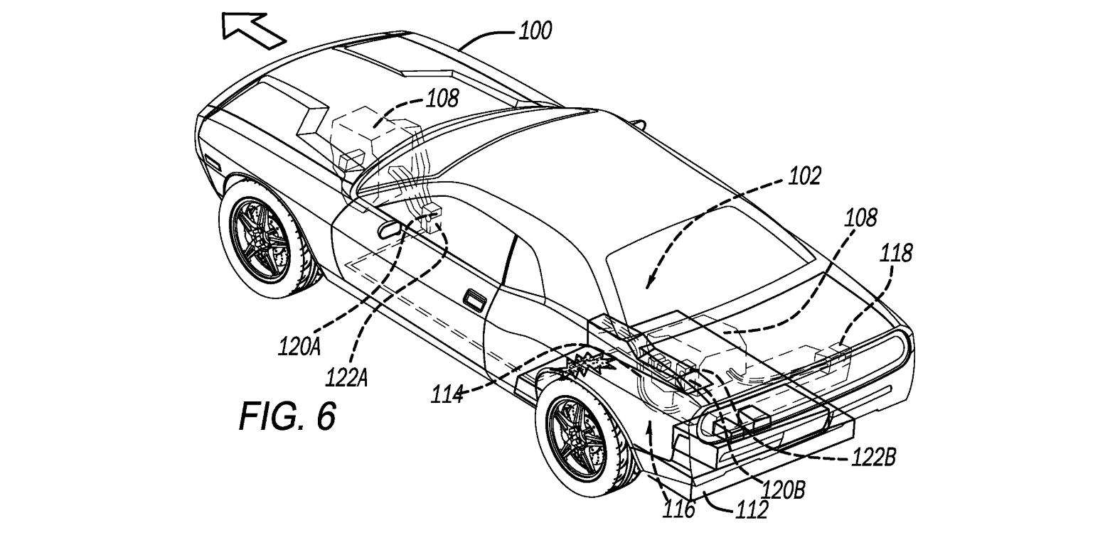 Patent drawing of a two-door coupe moving forward after its high-voltage battery pack has dropped beneath the rear of the car