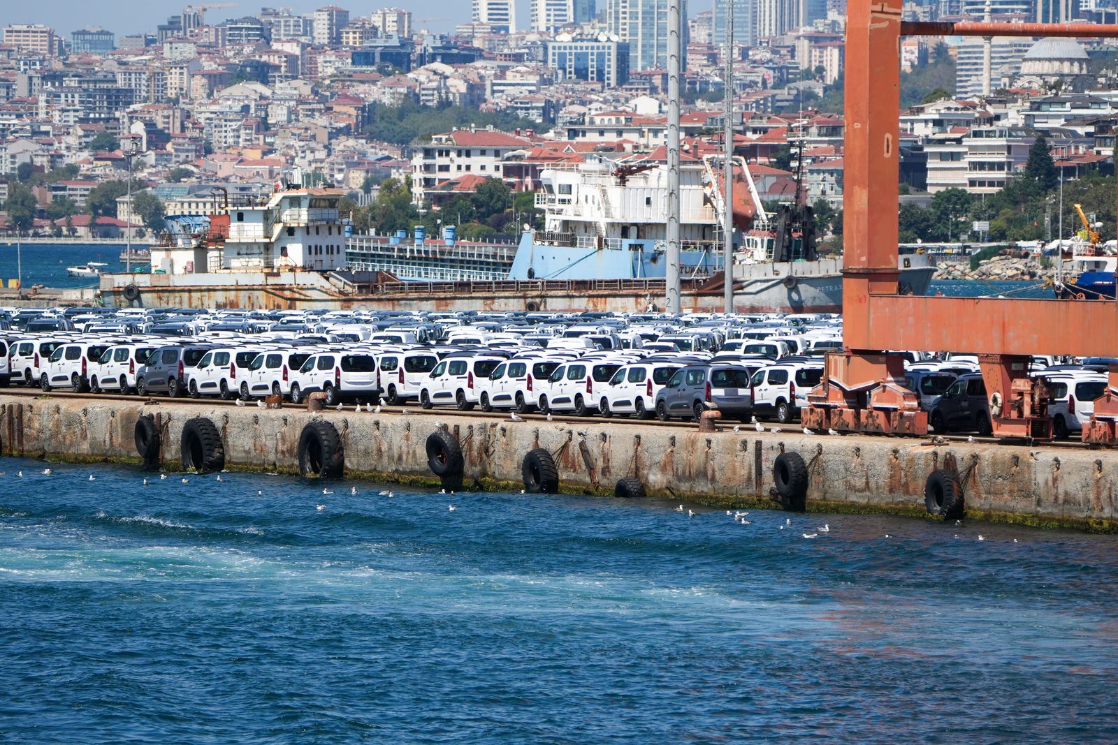 Hundreds of new white cars staged at a shipping port for export
