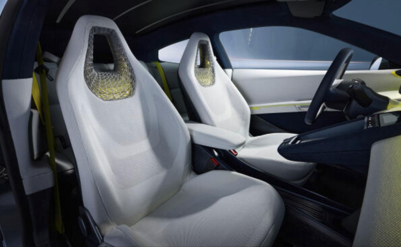 Interior of the Volkswagen Mission Efficiency showing lattice 3D-printed headrests and no infotainment screen