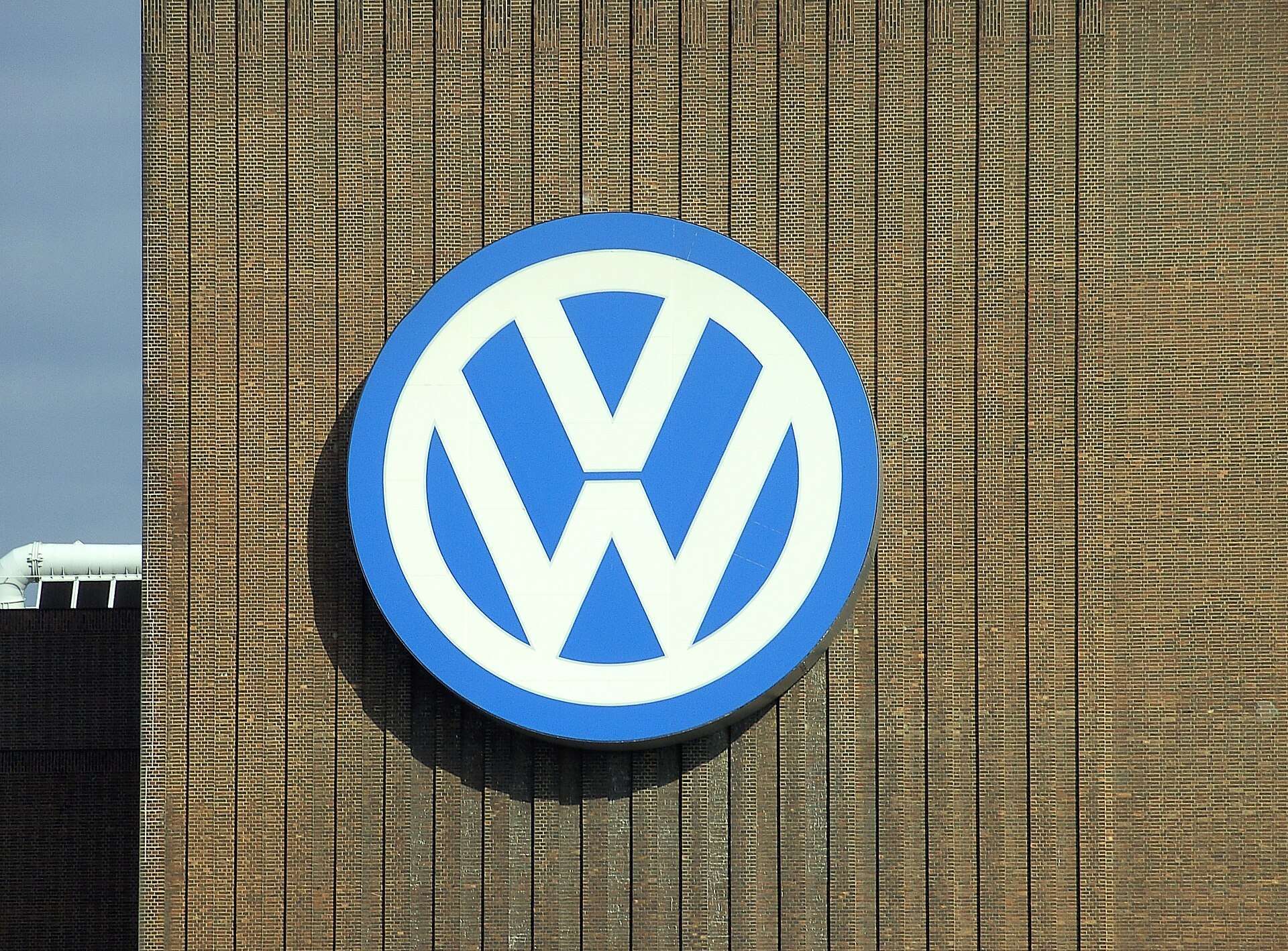 Volkswagen logo on the brick power station at the Volkswagen factory in Wolfsburg, Germany