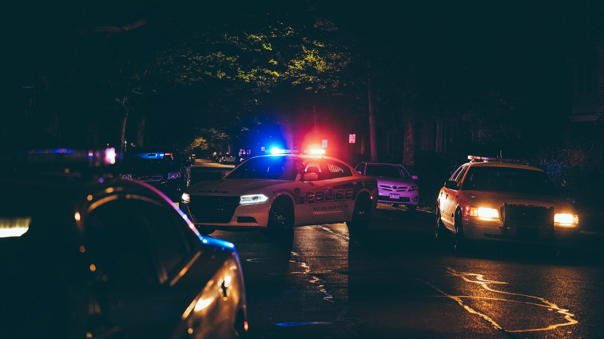 Police cars with flashing red and blue lights on a dark residential street