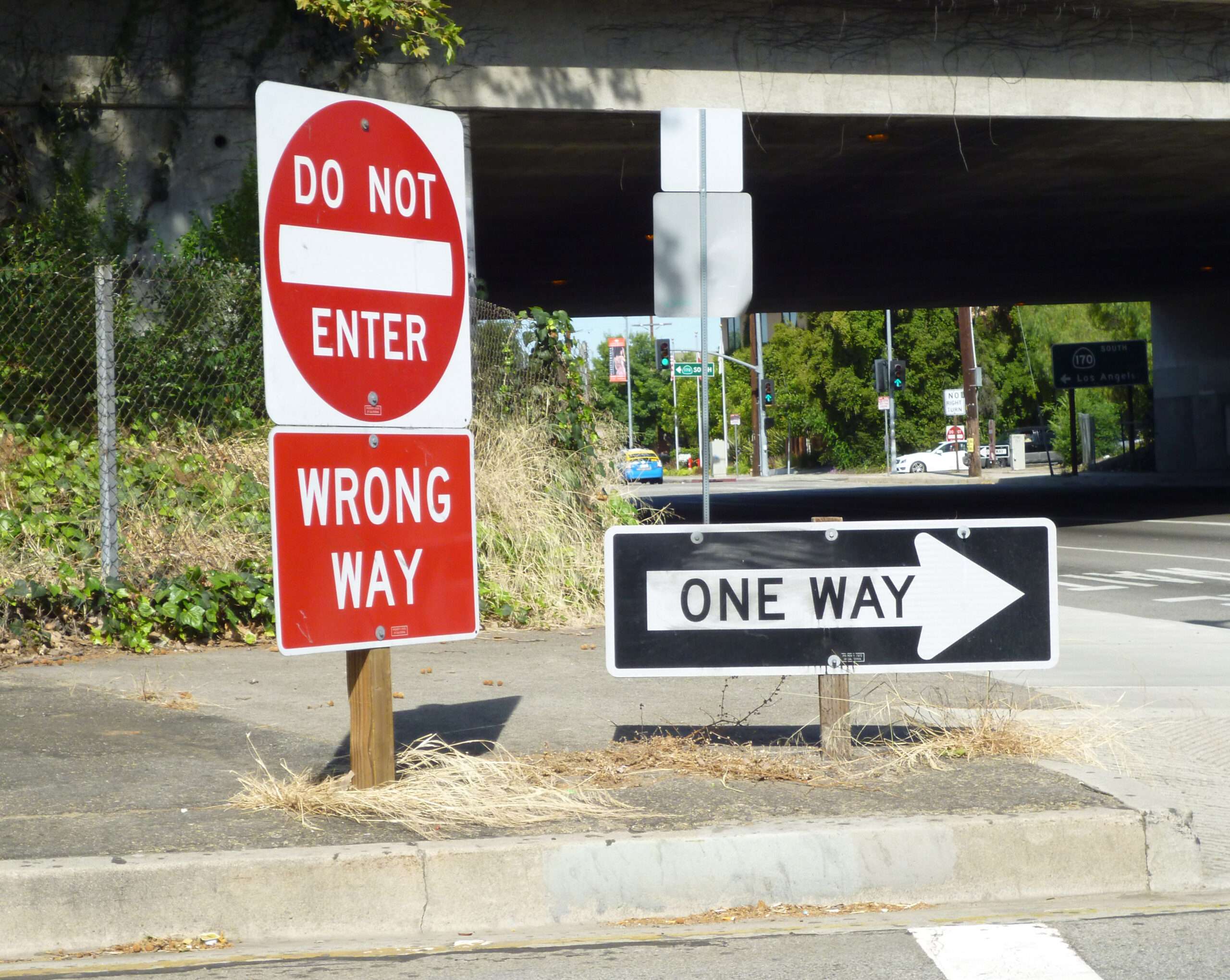 Do Not Enter and Wrong Way signs posted at a freeway off-ramp