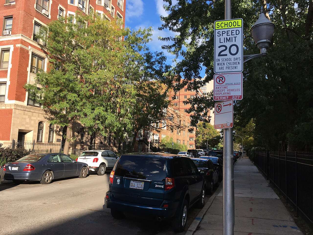 School speed limit 20 mph sign on a Chicago street