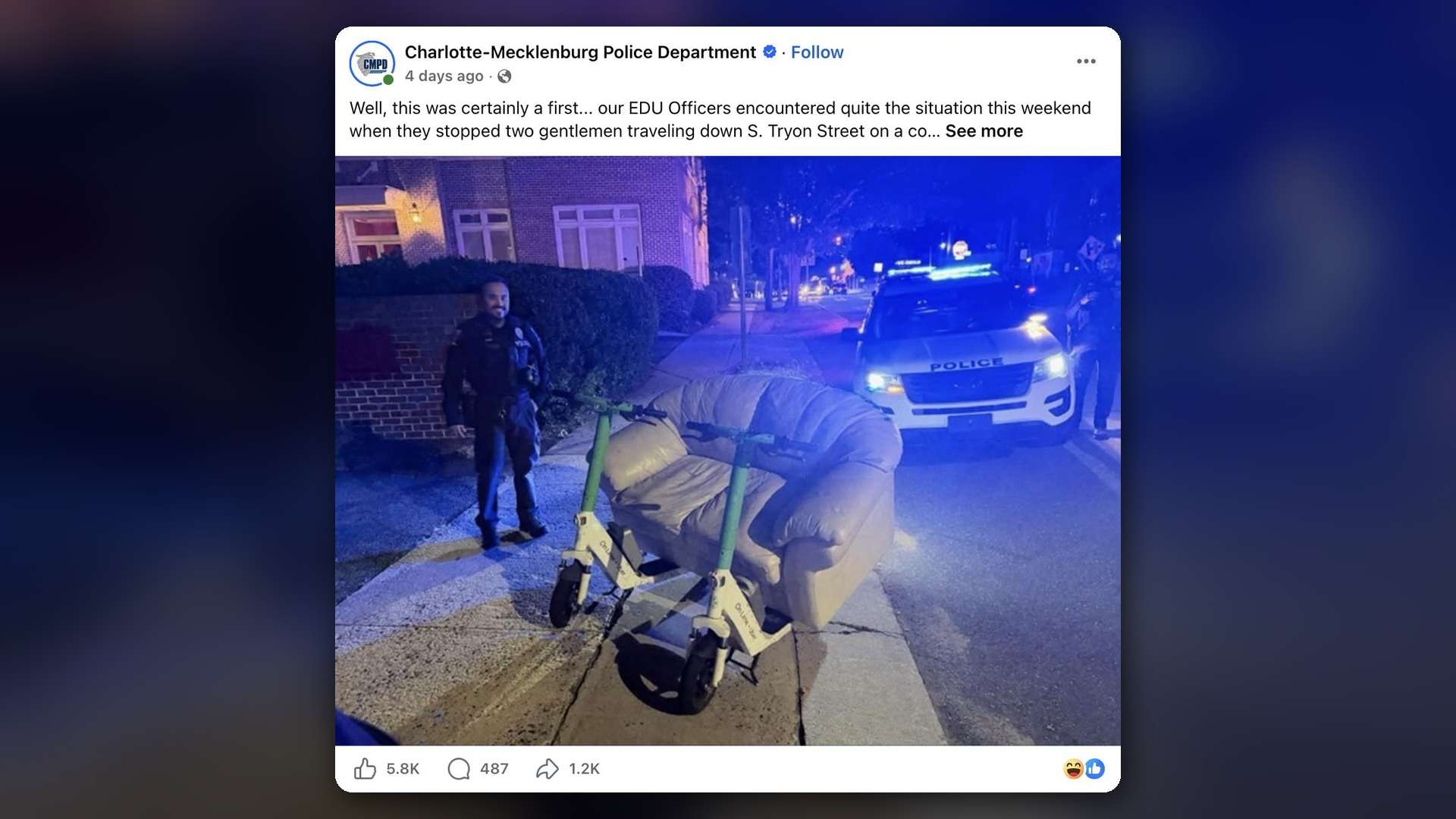 Screenshot of the Charlotte-Mecklenburg Police Department's Facebook post showing an officer beside a leather couch resting on two Lime scooters, with a police SUV behind it