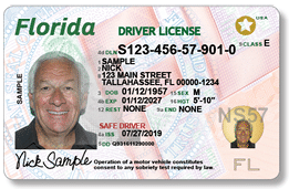Front of a sample Florida driver license in the design issued in May 2019