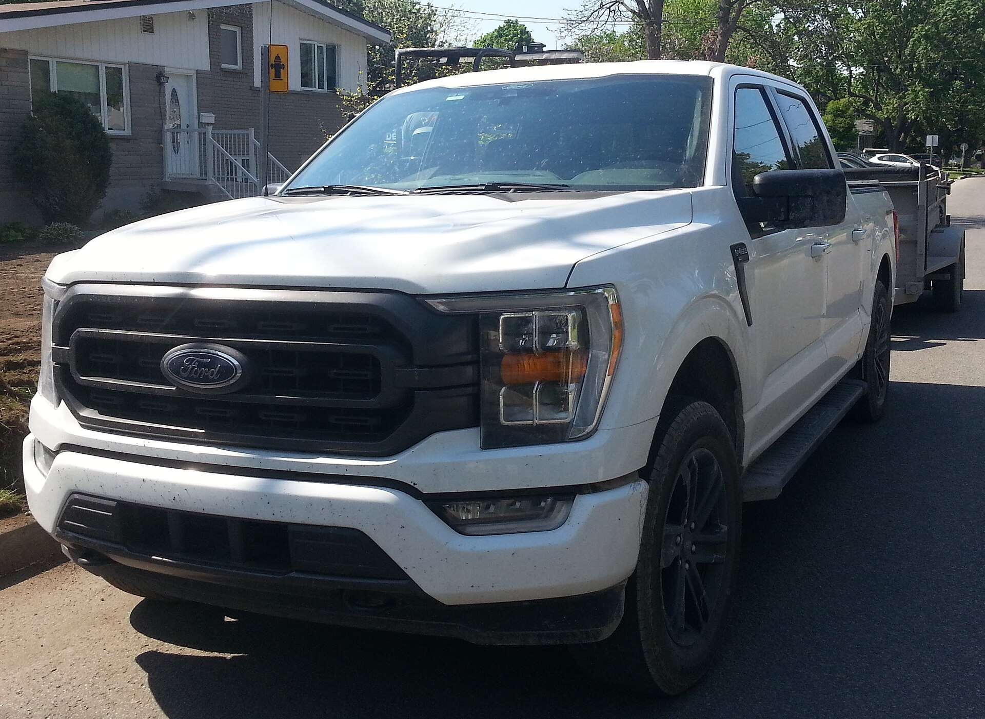 White Ford F-150 XLT crew cab pickup of the current generation parked on a residential street