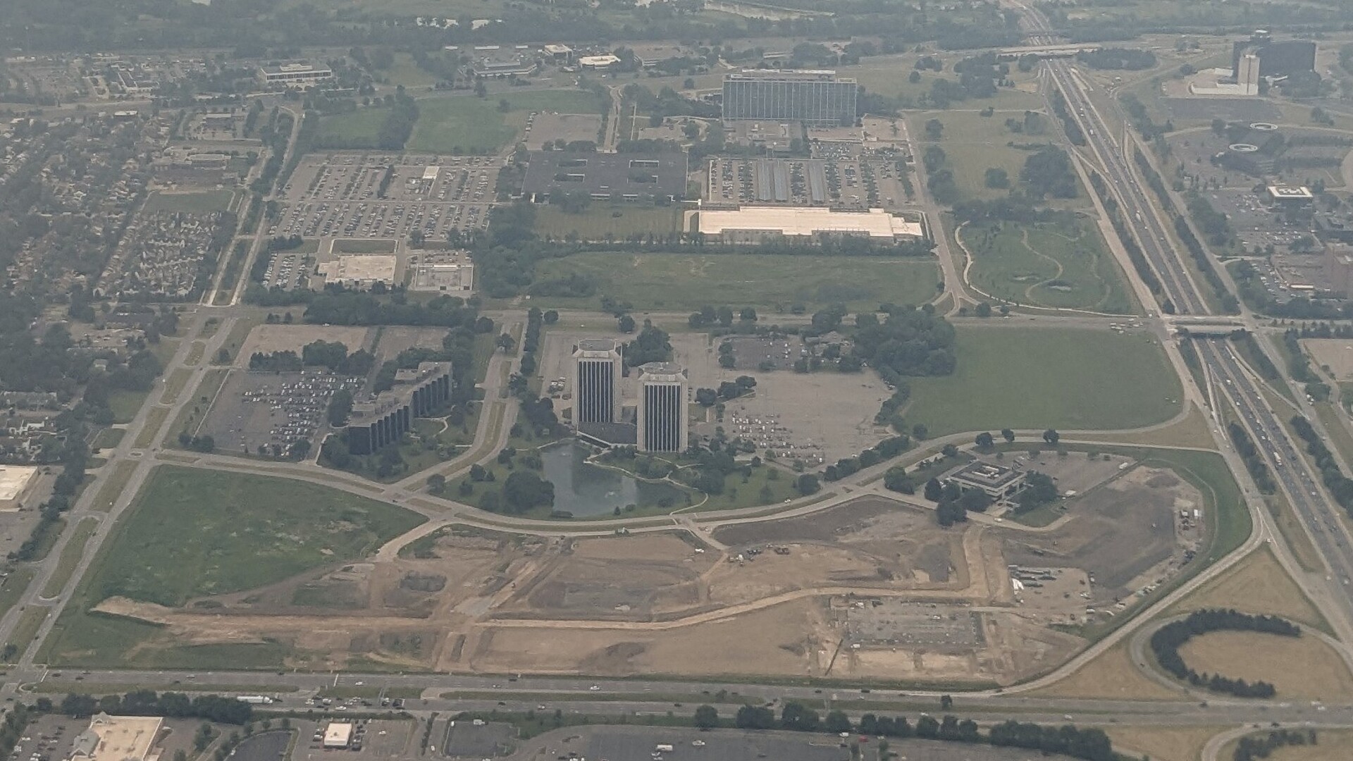 Aerial view of Ford Motor Company world headquarters campus in Dearborn, Michigan