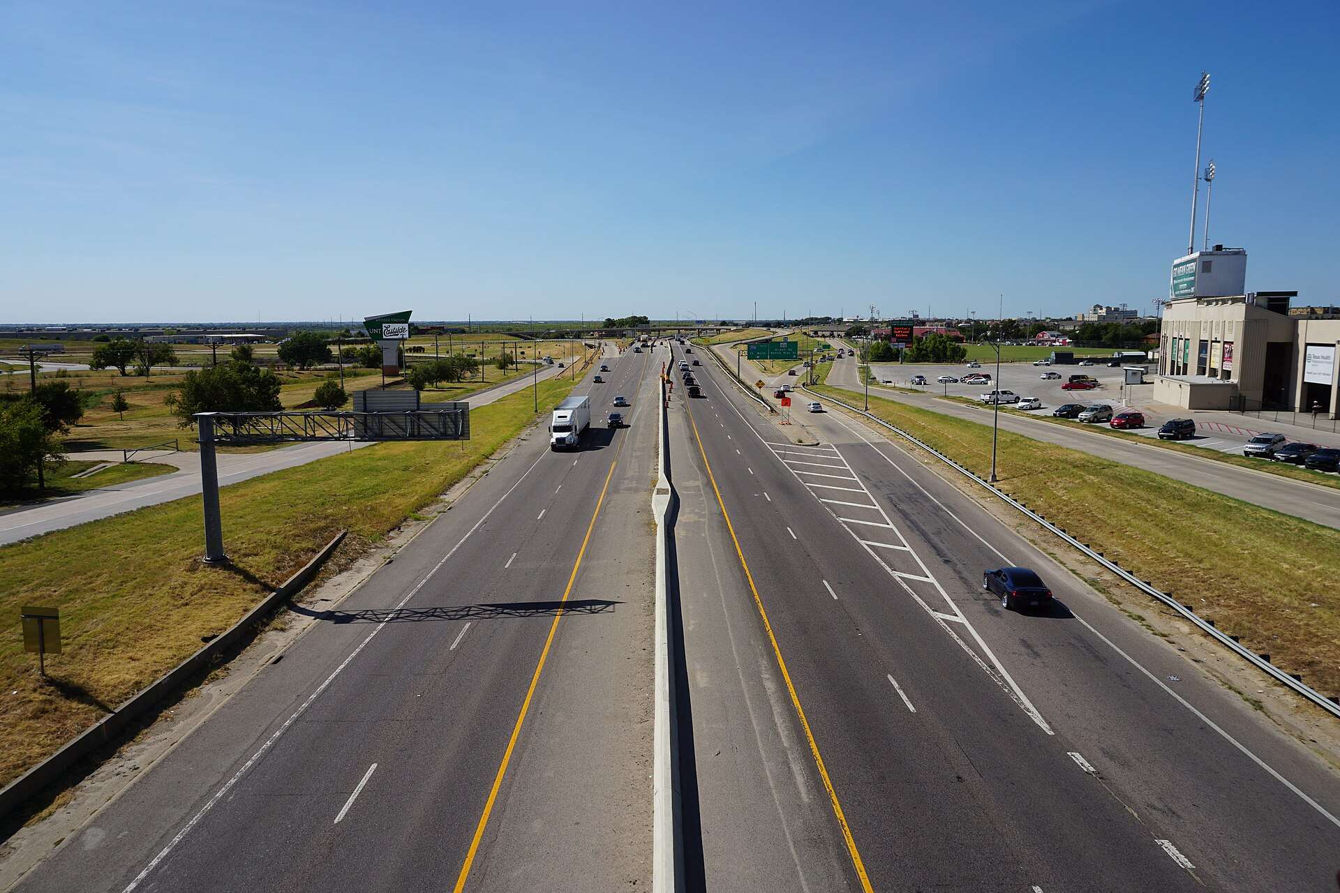 Interstate 35E traffic seen from a pedestrian bridge in Denton, Texas