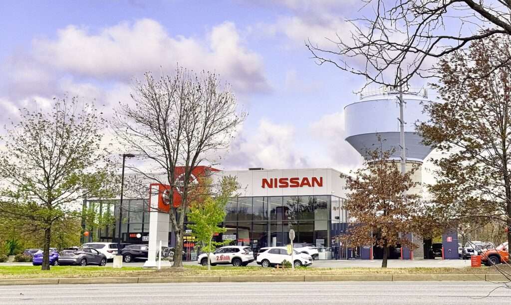 Exterior of a Nissan car dealership in California, Maryland