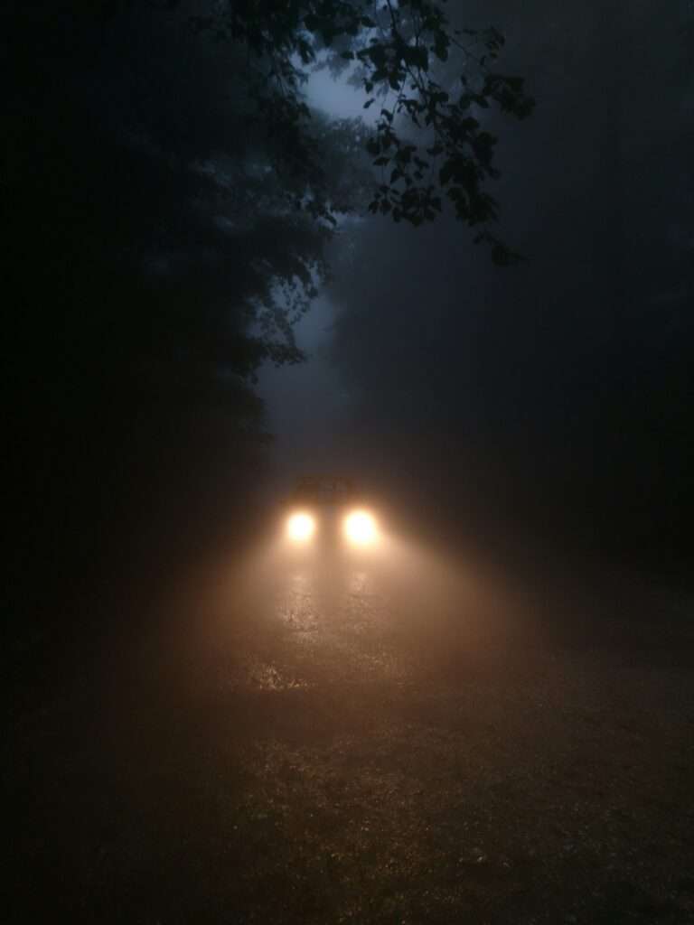 Headlights of an oncoming car shining through fog on a wooded road at night