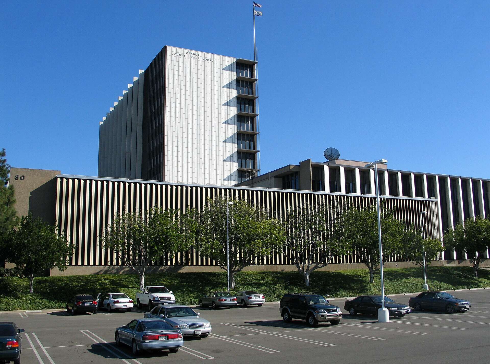 Exterior of the Orange County Central Justice Center courthouse in Santa Ana, California